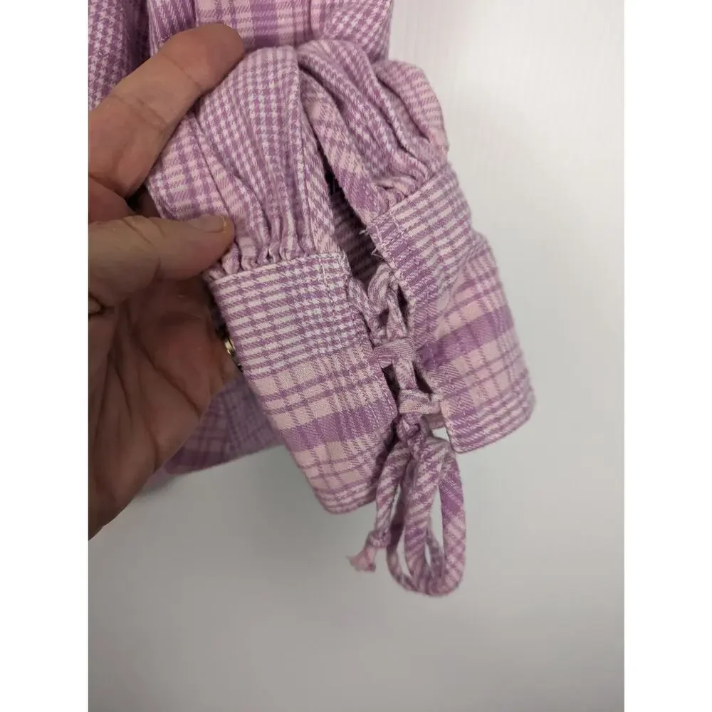 Free People We The Free Lilac Pink Plaid Puff Sleeve Cropped Flannel Top XS